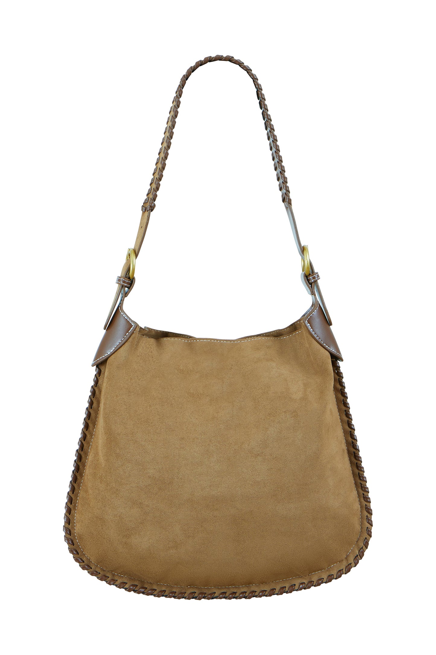 Brown suede handbag with braided handle on a white background