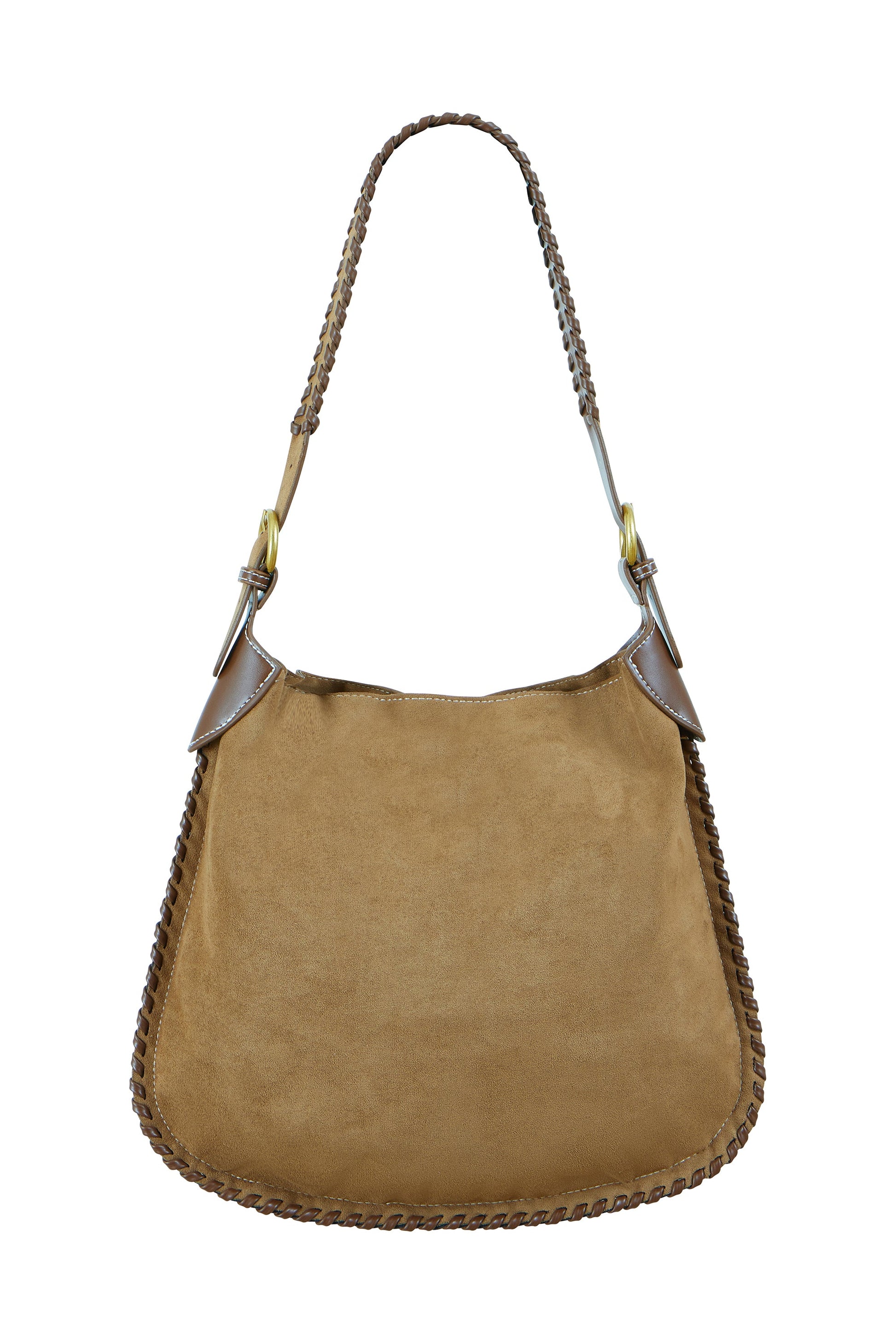 Brown suede handbag with braided handle on a white background