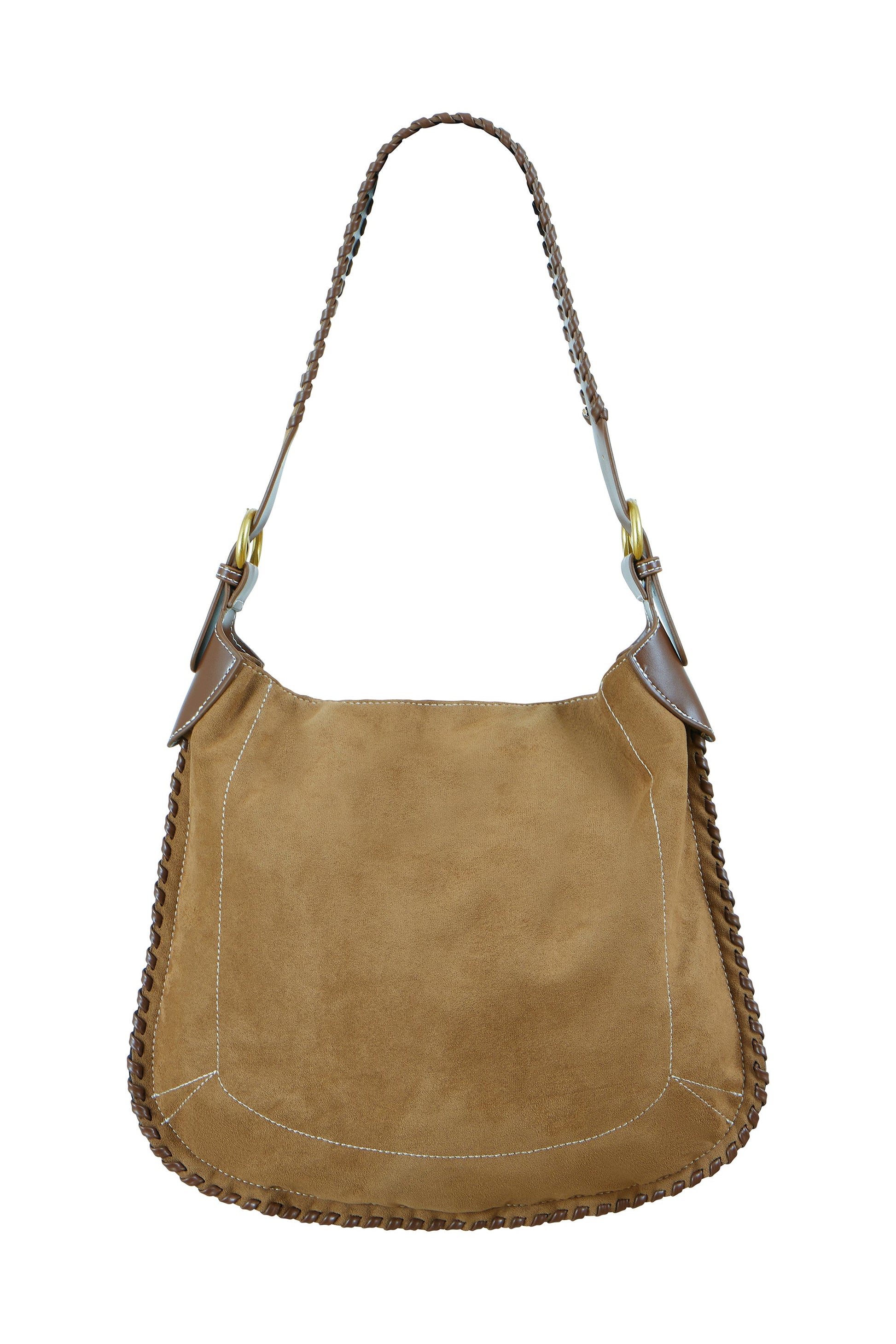 Brown handbag with braided handle on a white background