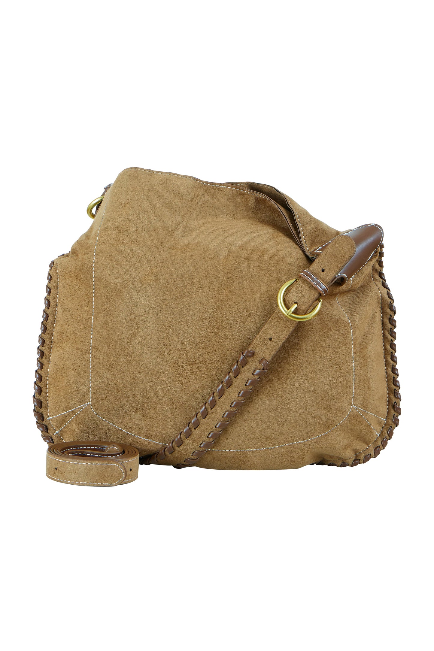 Brown suede handbag with leather accents on a white background