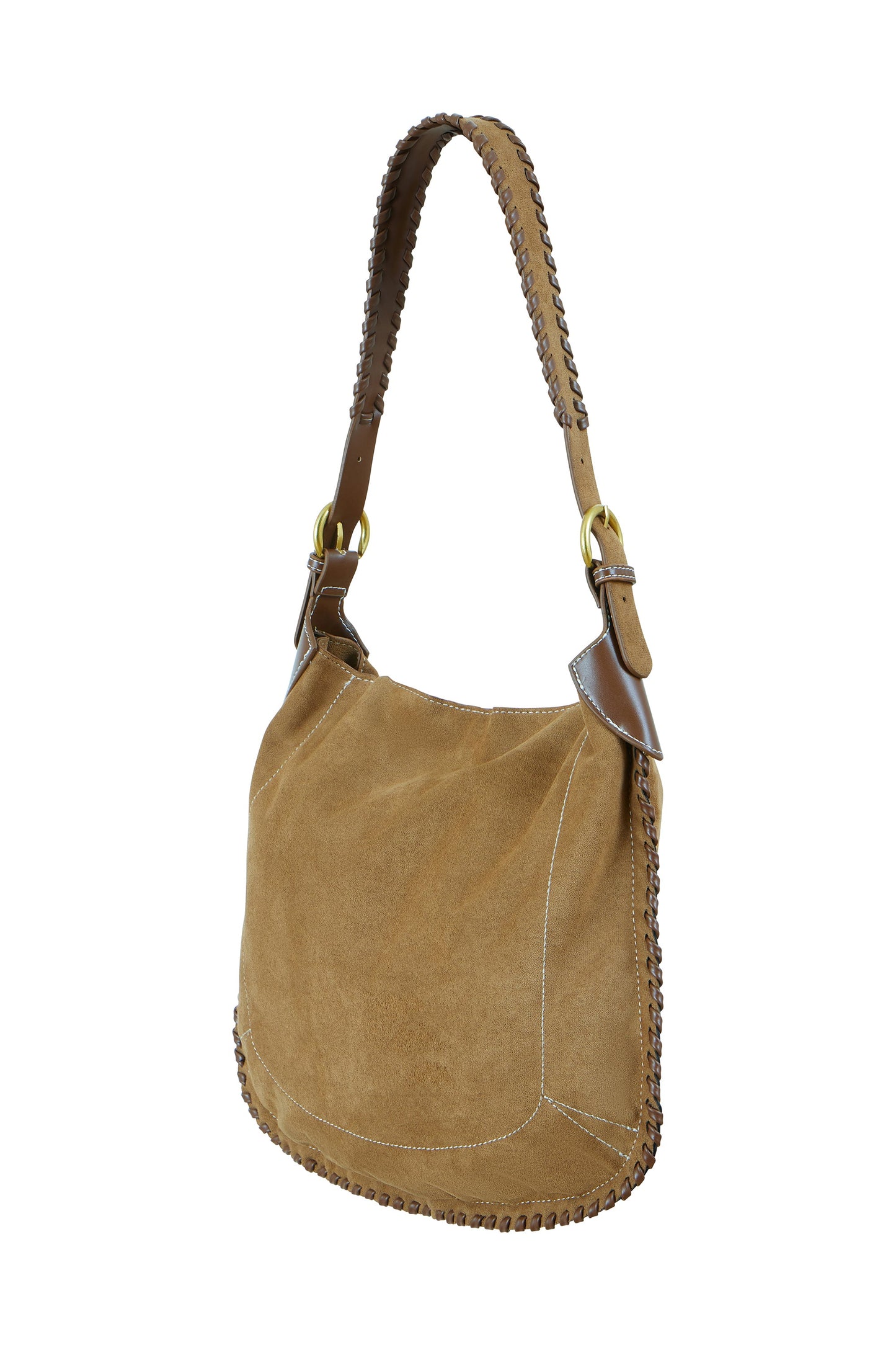Brown suede handbag with braided handle on a white background