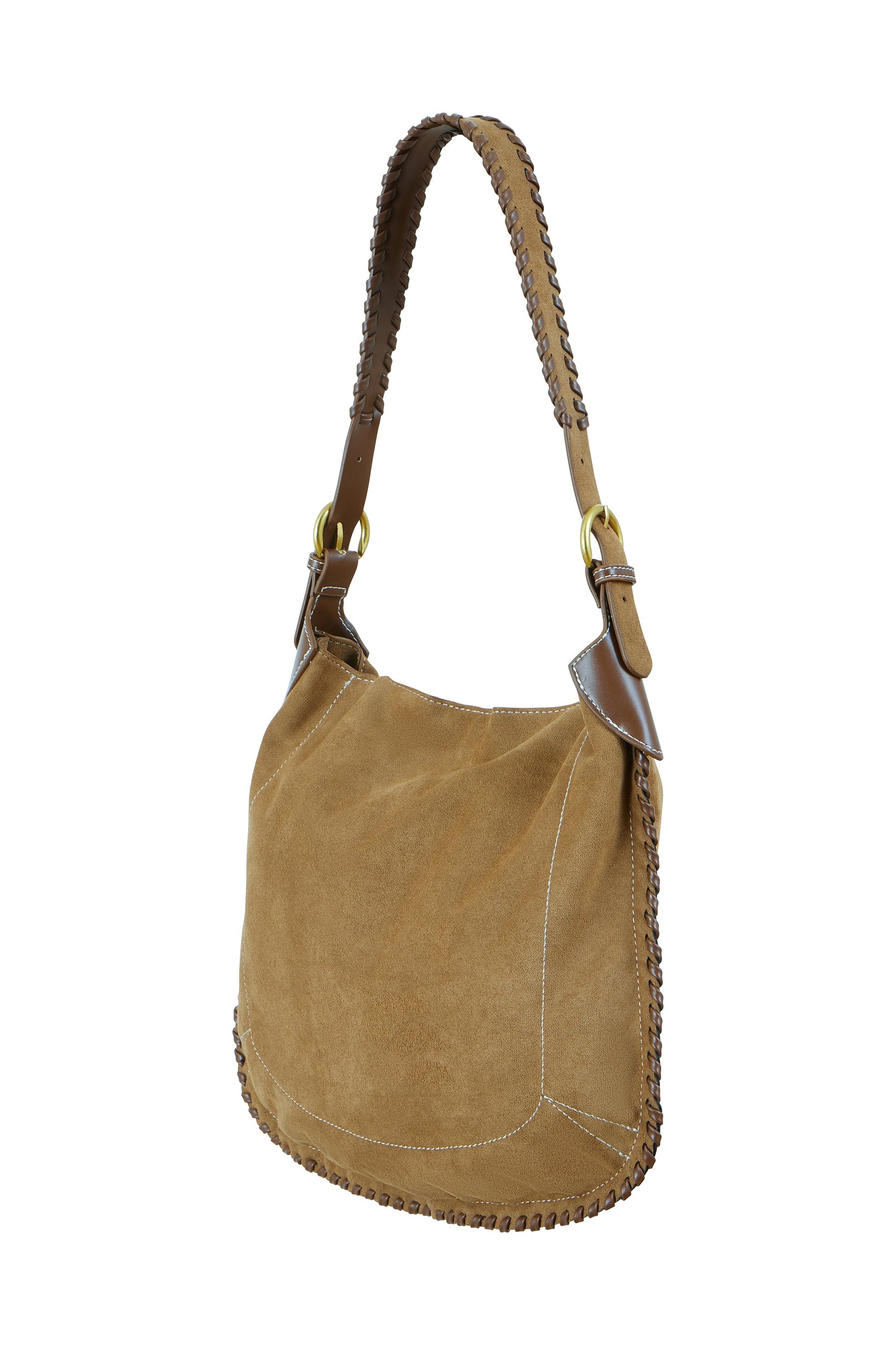 Brown suede handbag with braided handle on a white background