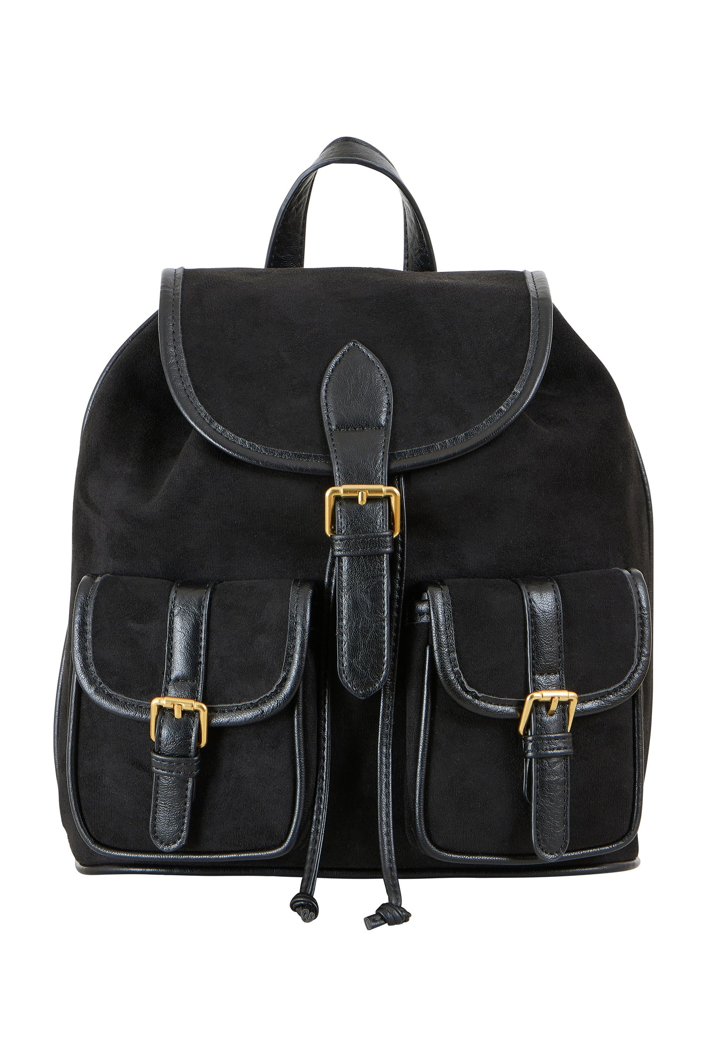 Black backpack with gold buckles on a white background