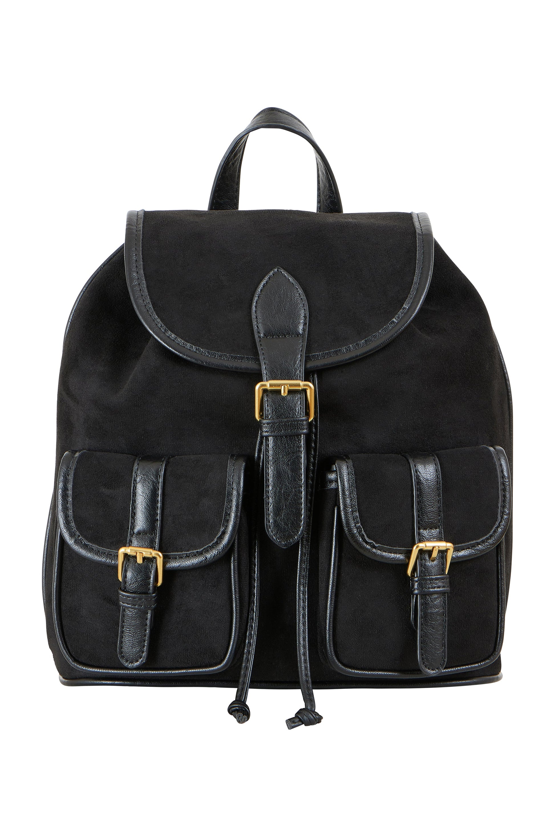 Black backpack with gold buckles on a white background