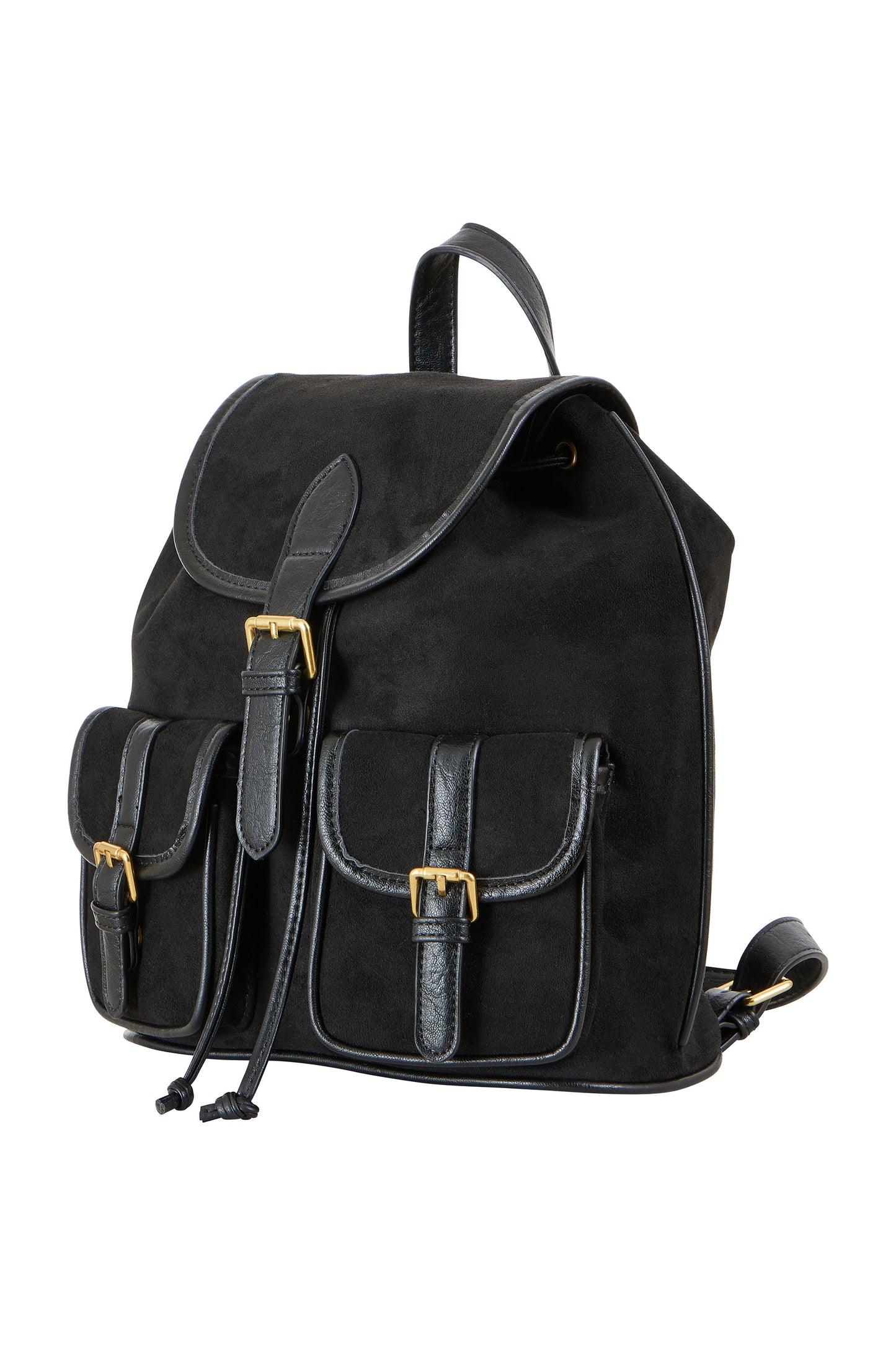 Black backpack with gold buckles on a white background