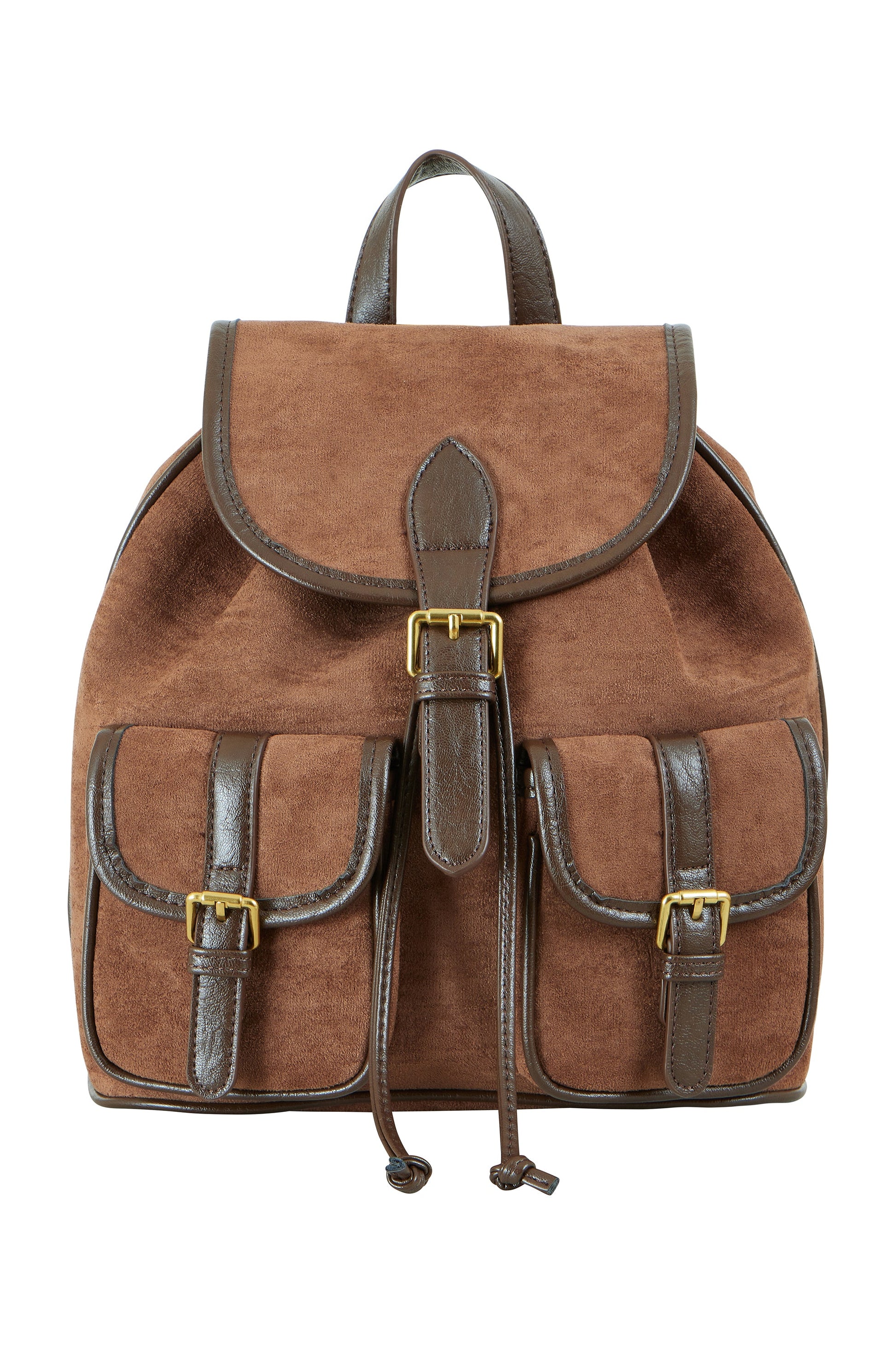 Brown backpack with leather accents on a white background