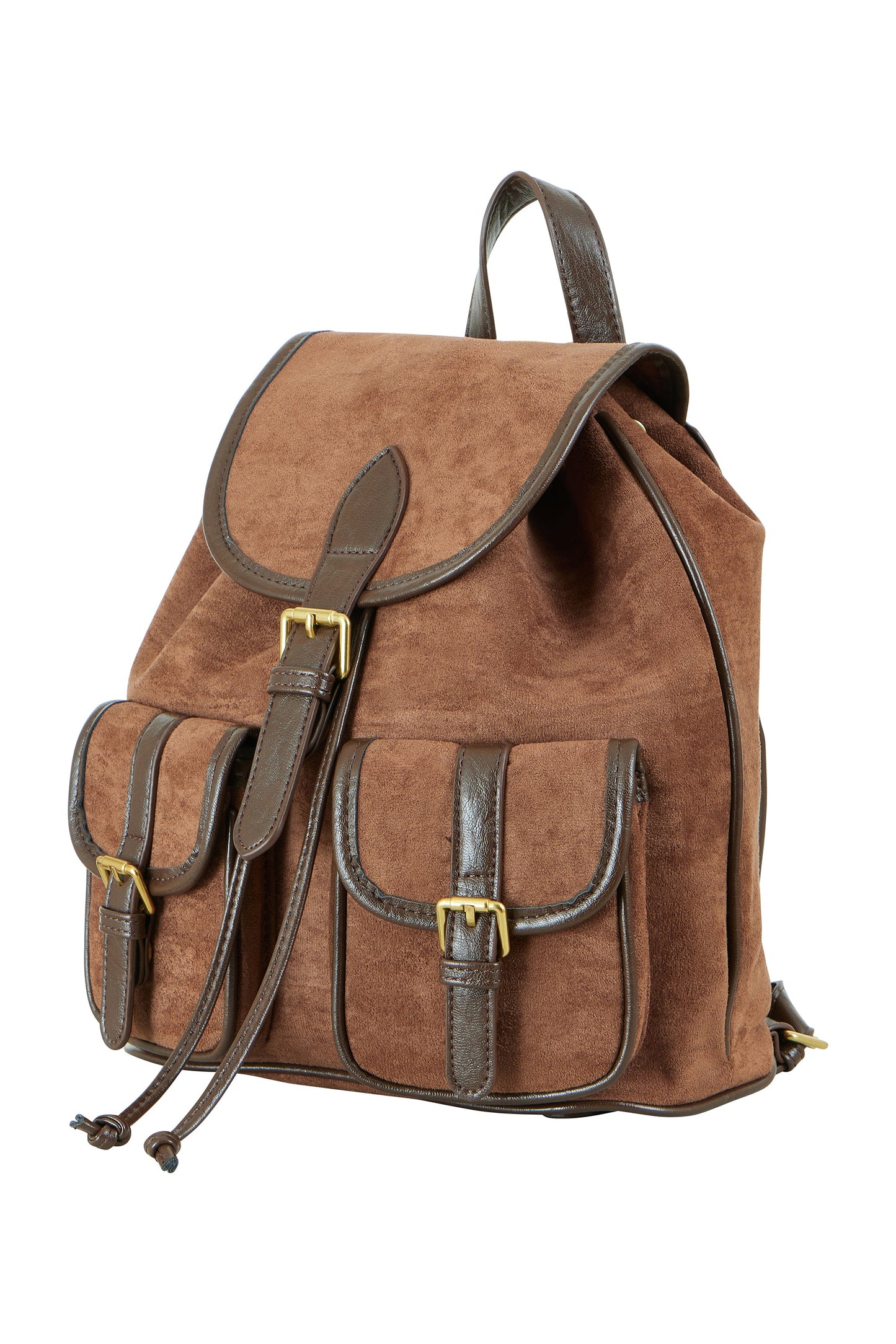 Brown backpack with leather accents on a white background