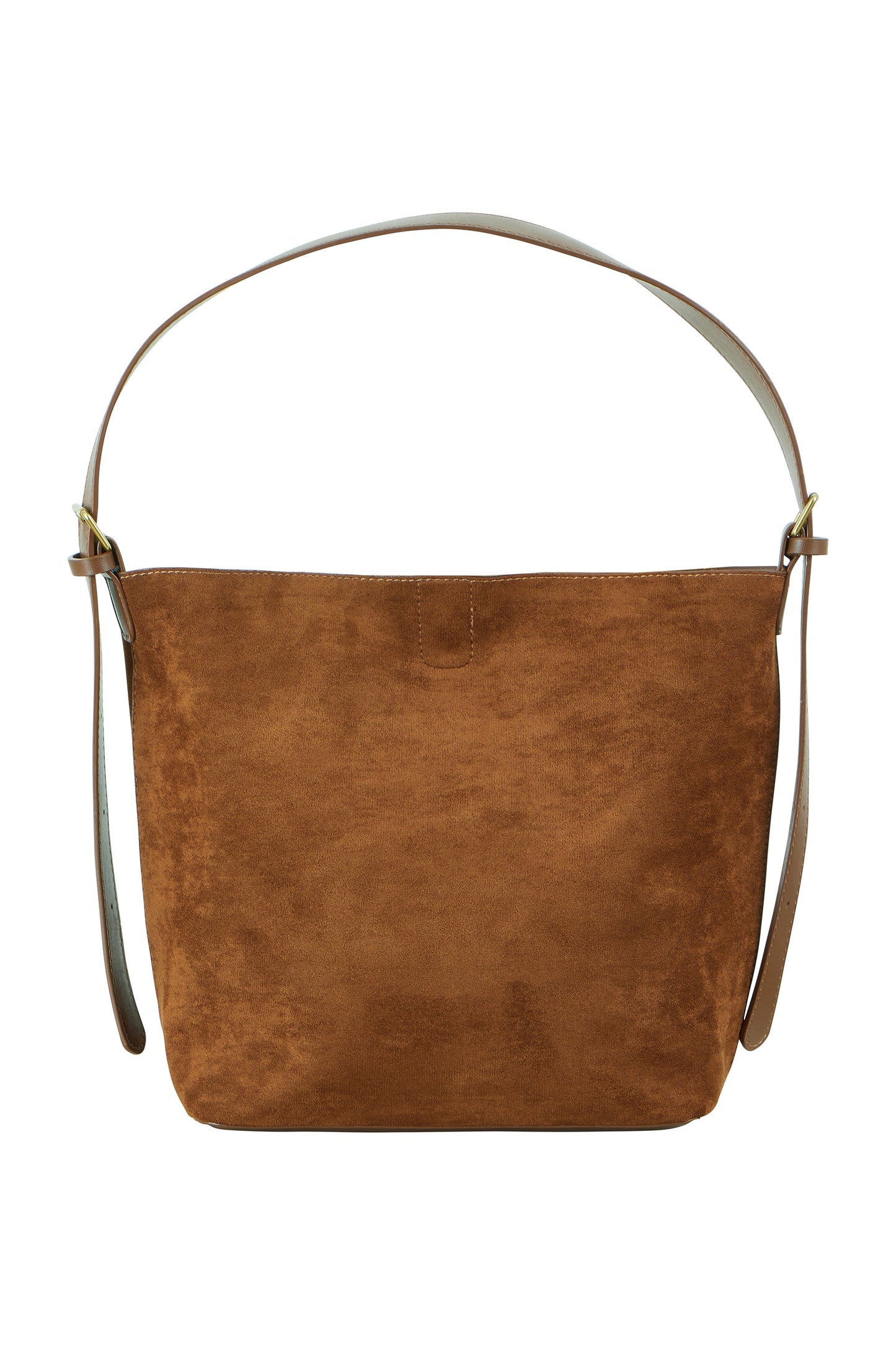 Brown suede handbag with a metal handle on a white background