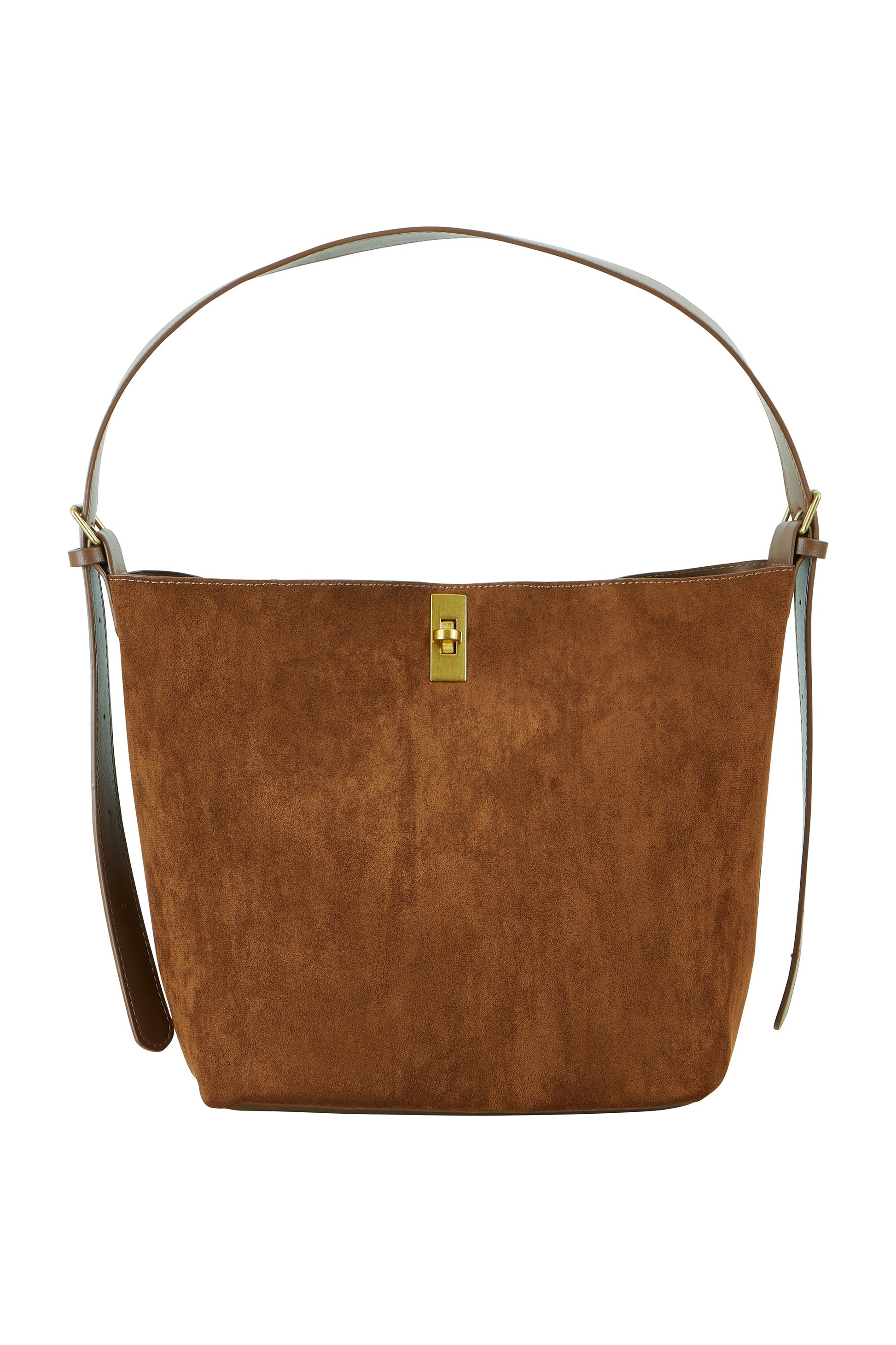 Brown suede handbag with a gold clasp on a white background