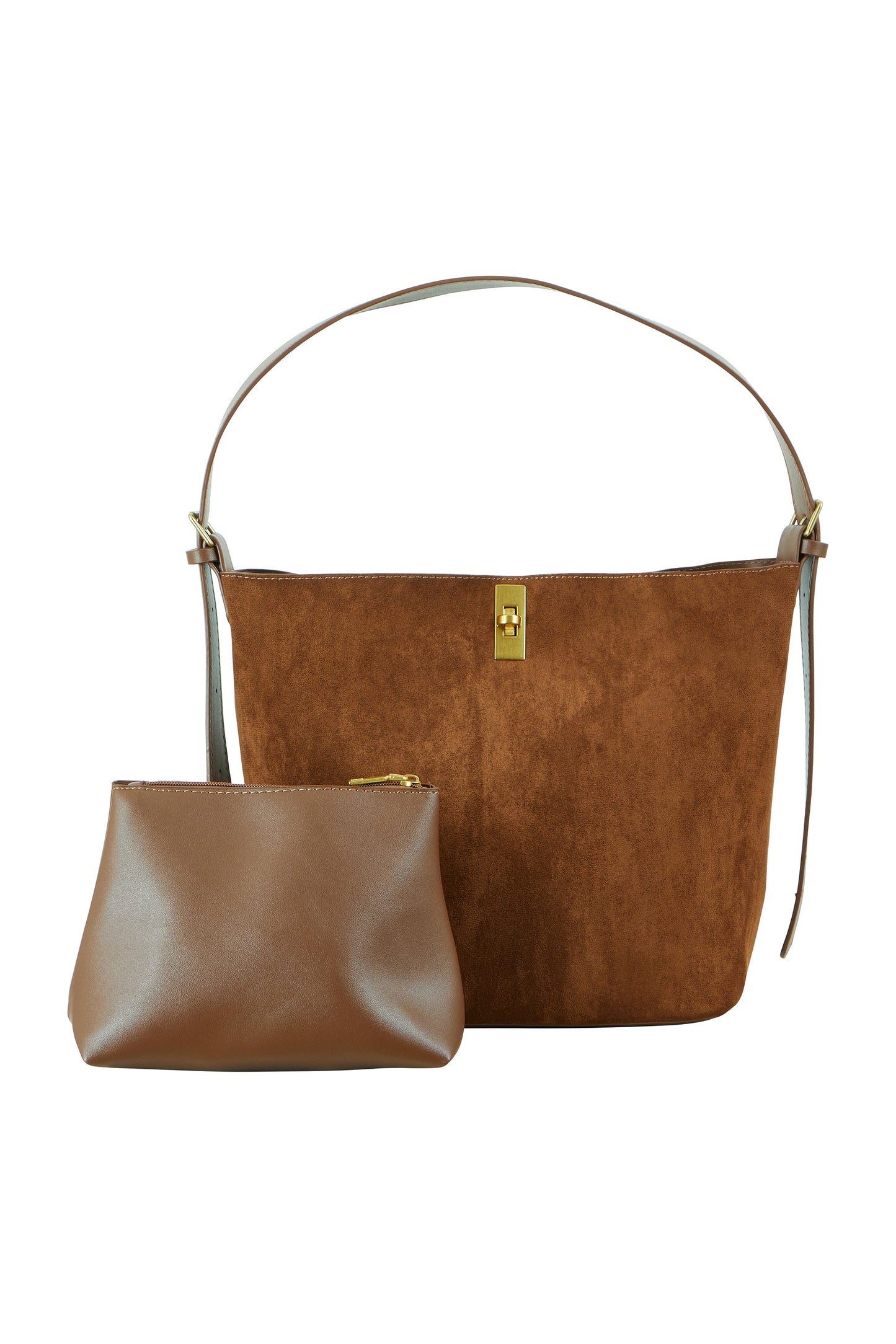 Brown handbag with matching pouch on a white background