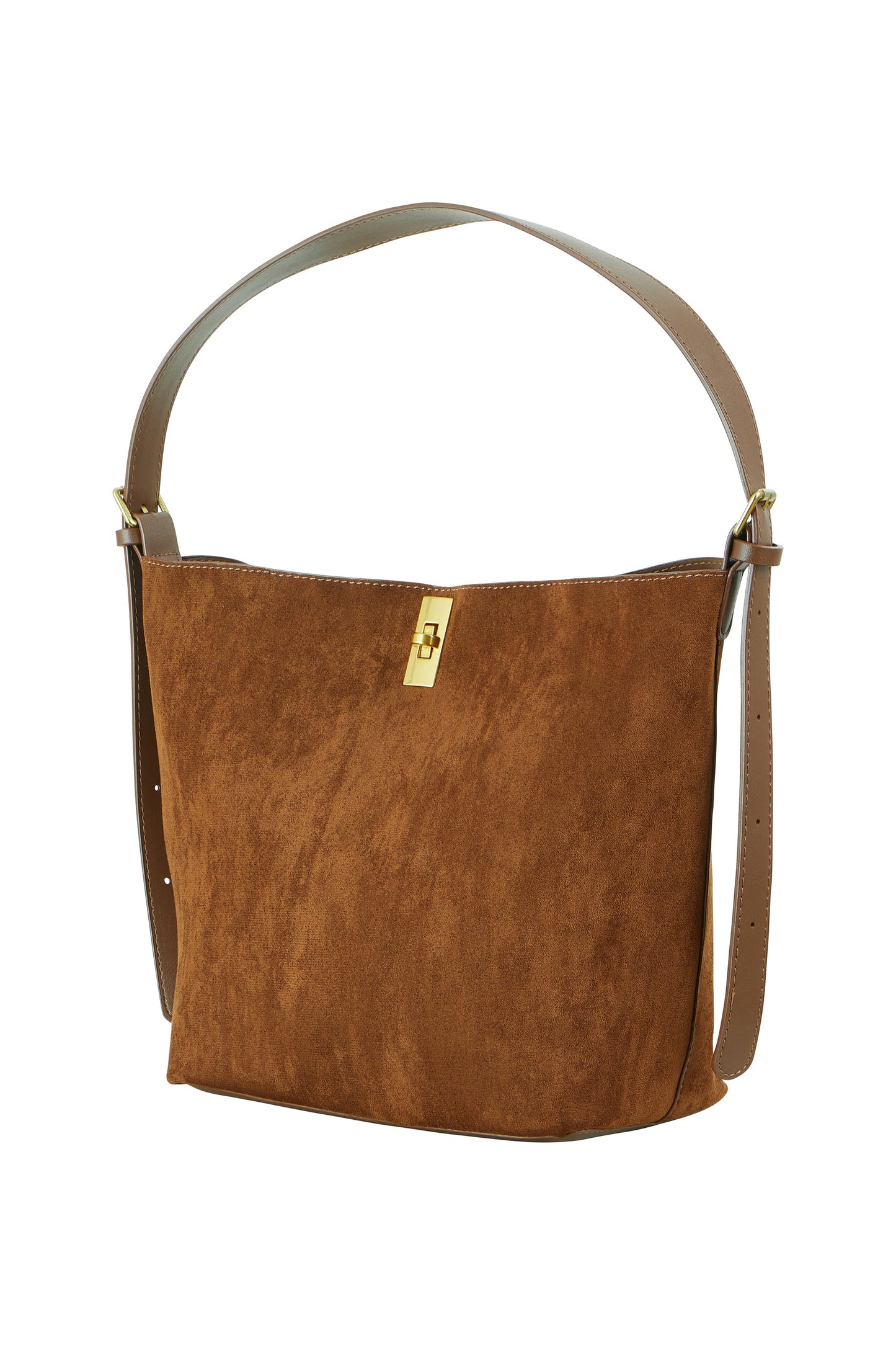 Brown handbag with a gold zipper on a white background