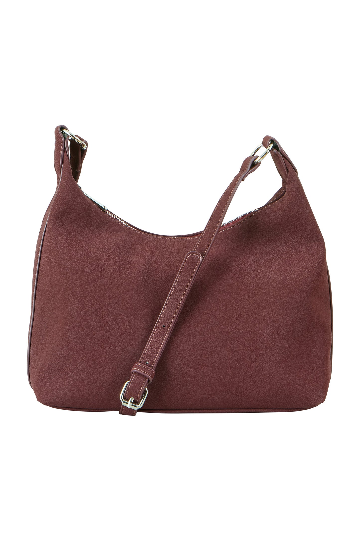 Brown leather handbag on a white background